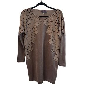 Hale Bob‎ Brown Faux Suede Laser Cut Scallop Pattern Sheath Dress Size Small